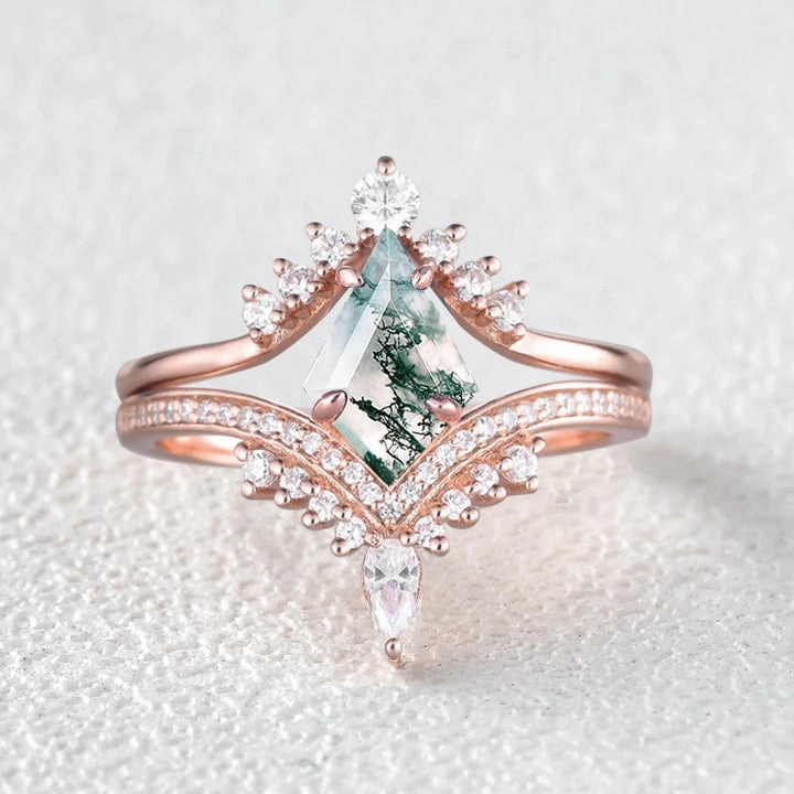 All Day Kite Cut Moss Agate Deep V Chevron Engagement Ring Set 2pcs