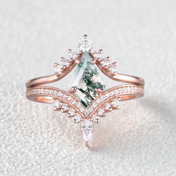 Kite Cut Moss Agate Deep V Chevron Engagement Ring Set 2pcs Creative Genius Representational Piece