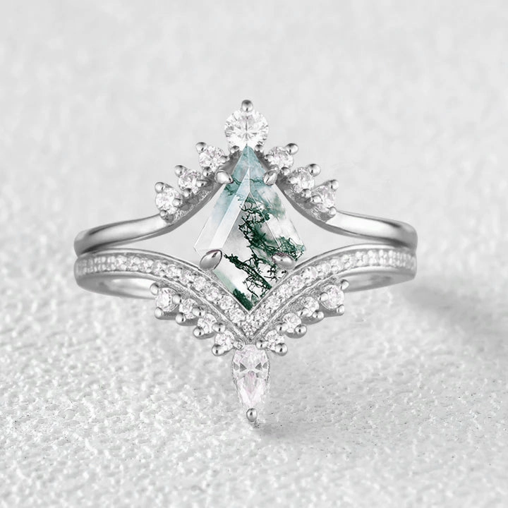 Kite Cut Moss Agate Deep V Chevron Engagement Ring Set 2pcs Silky Finish