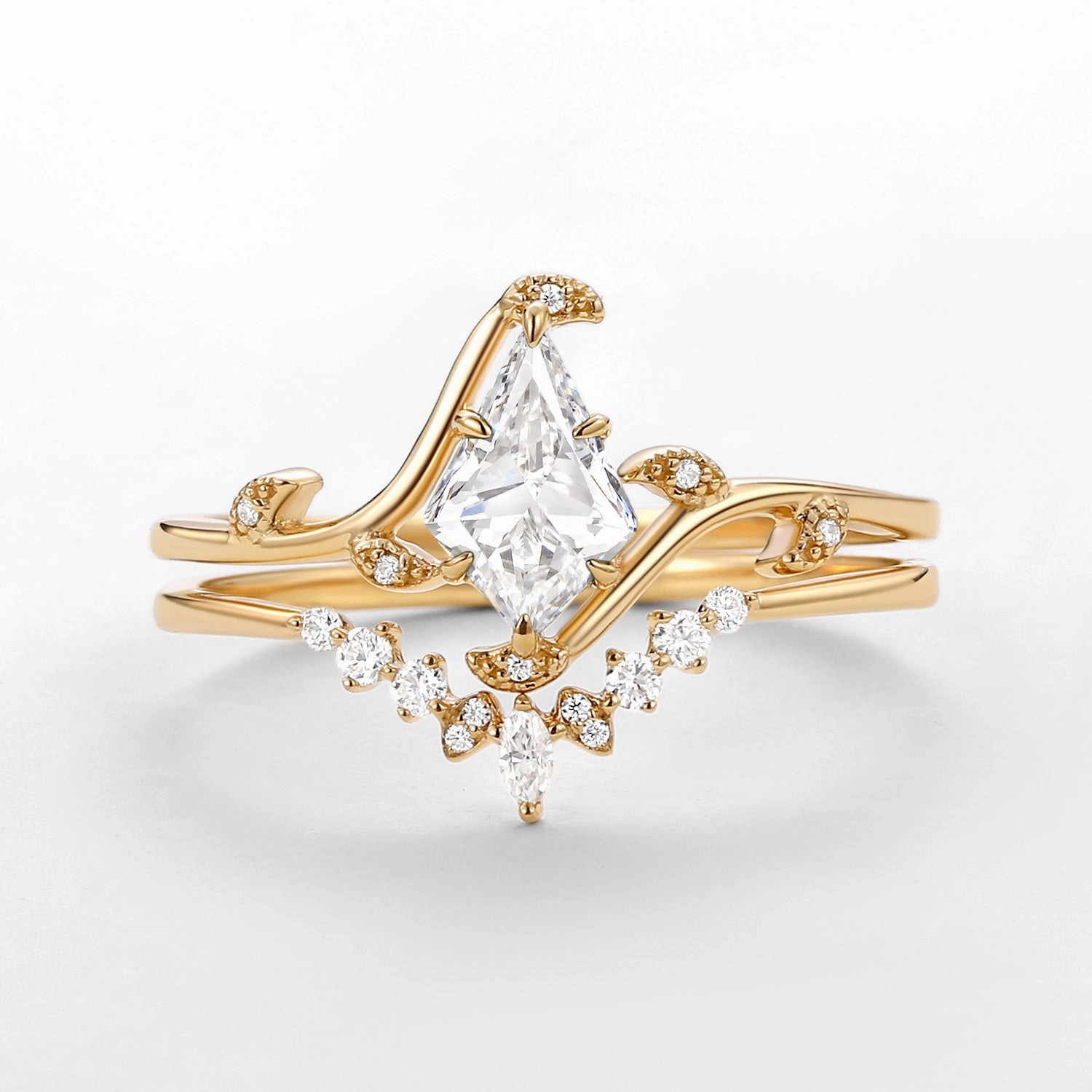 Refined Form Unique Kite Cut Moissanite Leafy Engagement Ring Sets 2pcs - Ivy