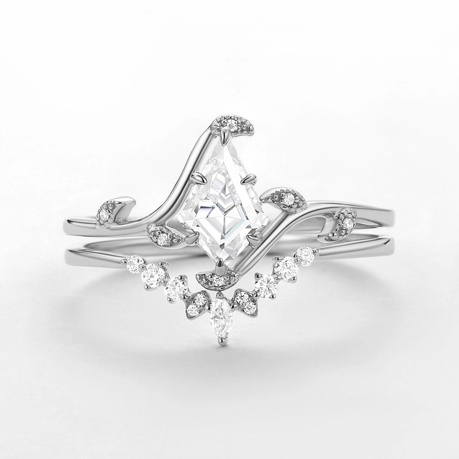 Luxury Emblem Unique Kite Cut Moissanite Leafy Engagement Ring Sets 2pcs - Ivy