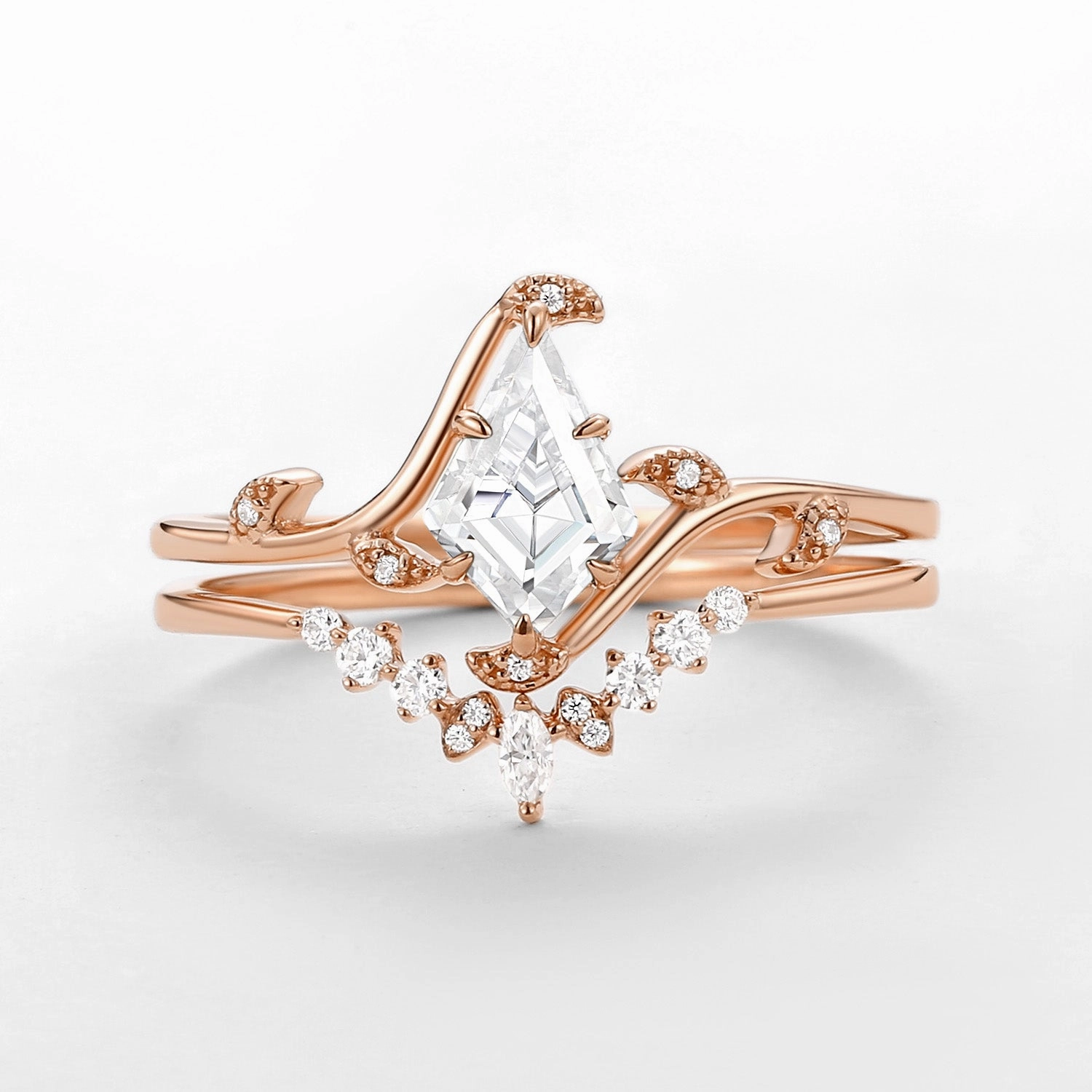 HighEnd Work Unique Kite Cut Moissanite Leafy Engagement Ring Sets 2pcs - Ivy