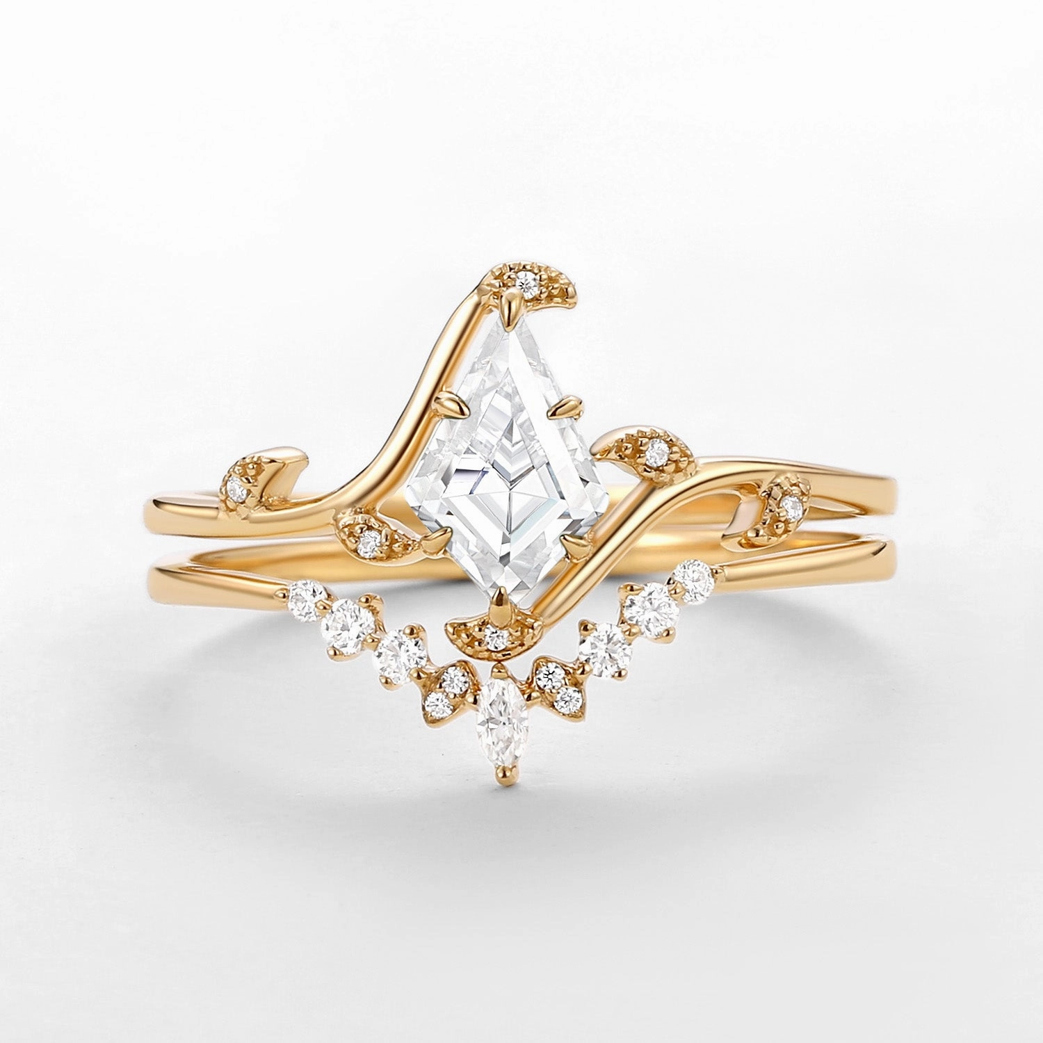 Unique Kite Cut Moissanite Leafy Engagement Ring Sets 2pcs - Ivy Minimal Look Amazing Product