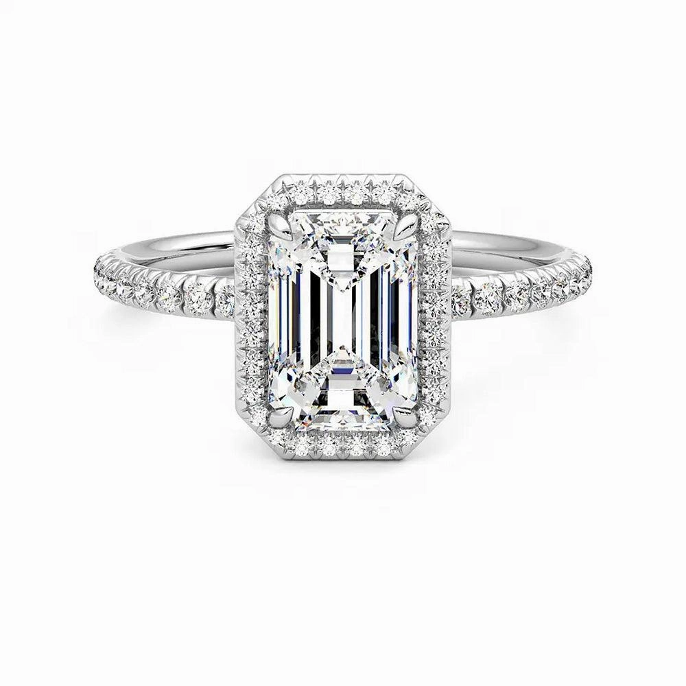 Classic Halo Emerald Cut Moissanite Engagement Ring with Hidden Anniversary Stone Accent Elegant Gem