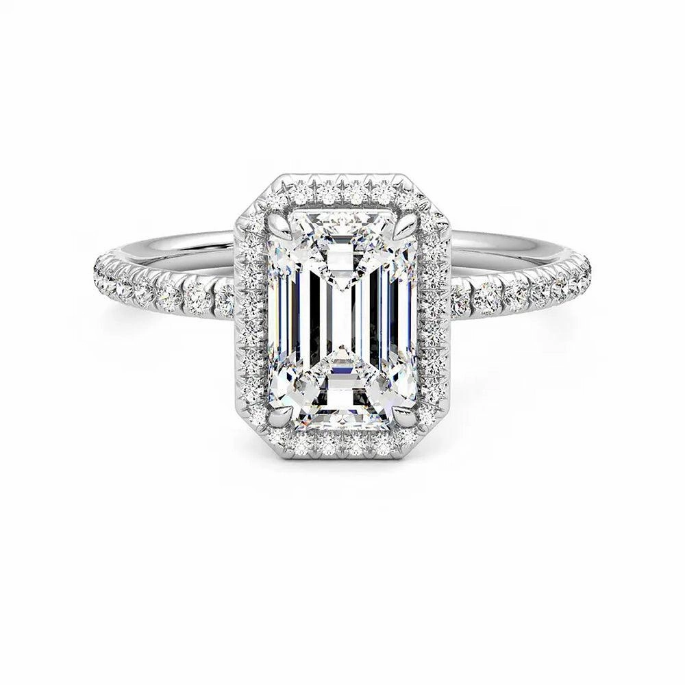 Statement Accent Classic Halo Emerald Cut Moissanite Engagement Ring with Hidden Anniversary Stone Accent