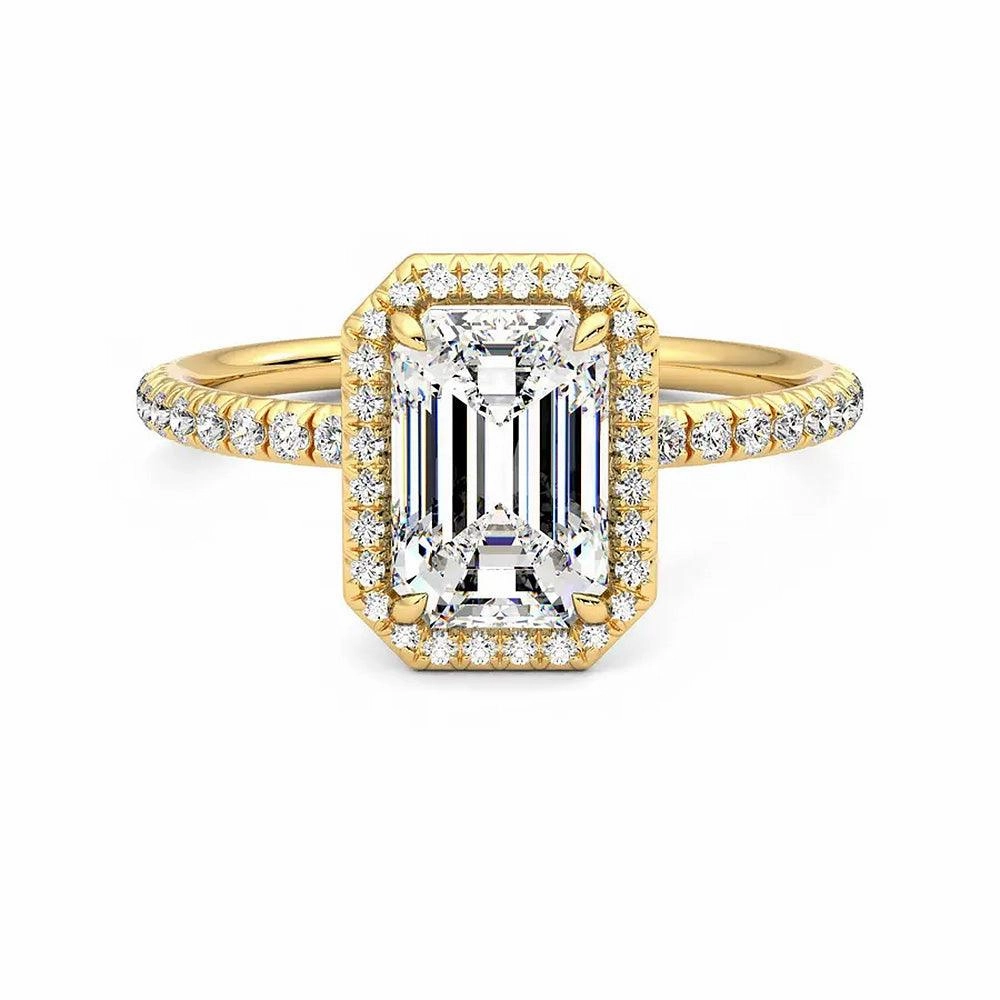 everyday elegance Exclusive Jewelry Classic Halo Emerald Cut Moissanite Engagement Ring with Hidden Anniversary Stone Accent