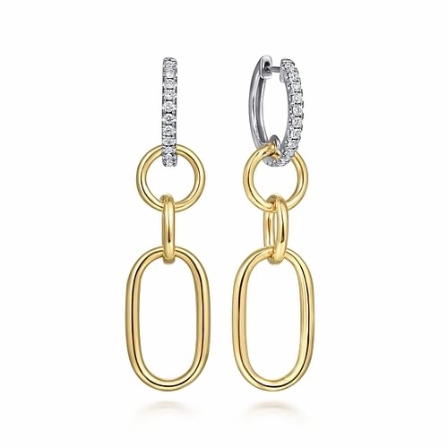 14K White and Yellow Gold Diamond Hollow Tube Huggie Drop Earrings Highlight Edge Refined Flow