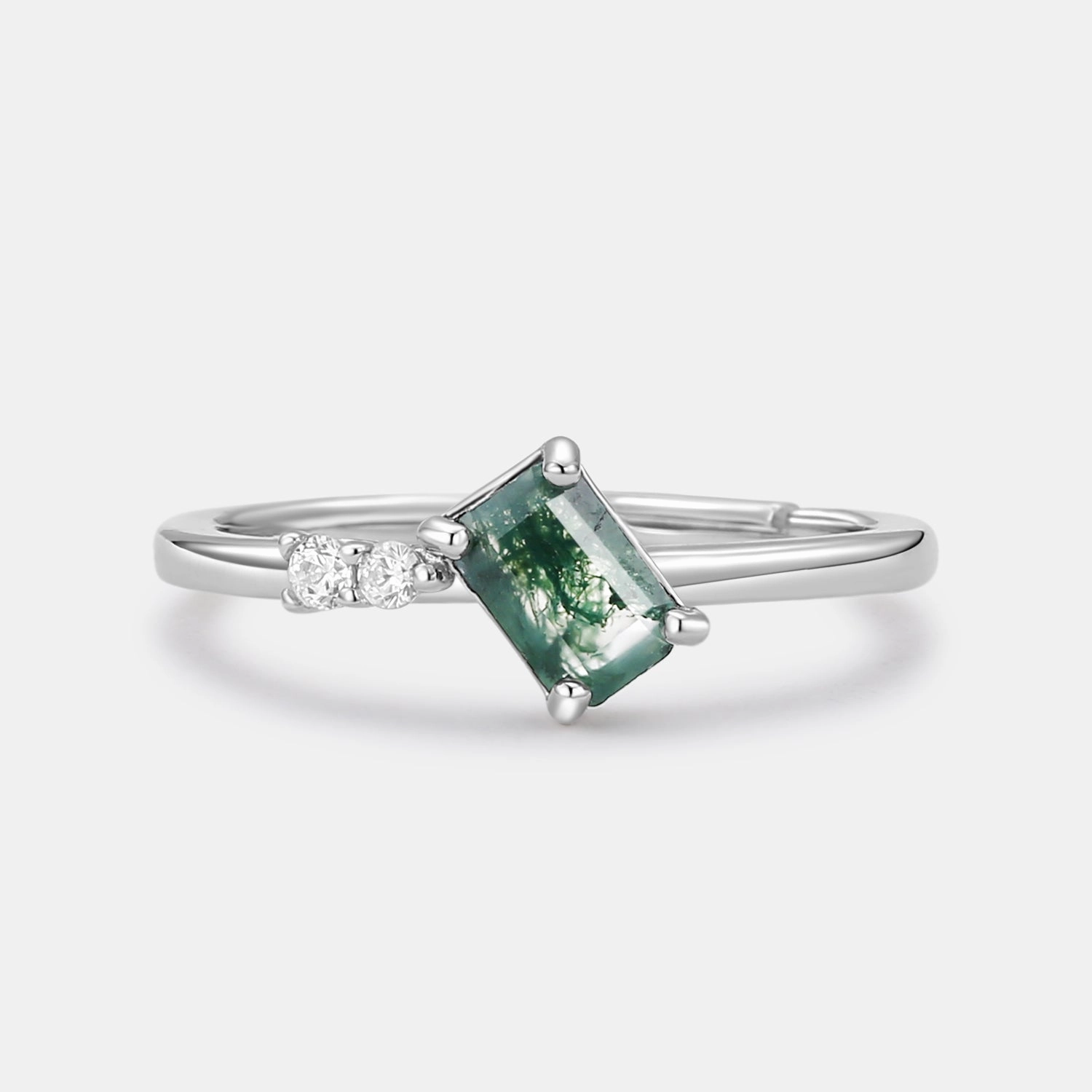 Emerald Cut Moss Agate & Moissanite Engagement Ring Vibrant Shine Finish