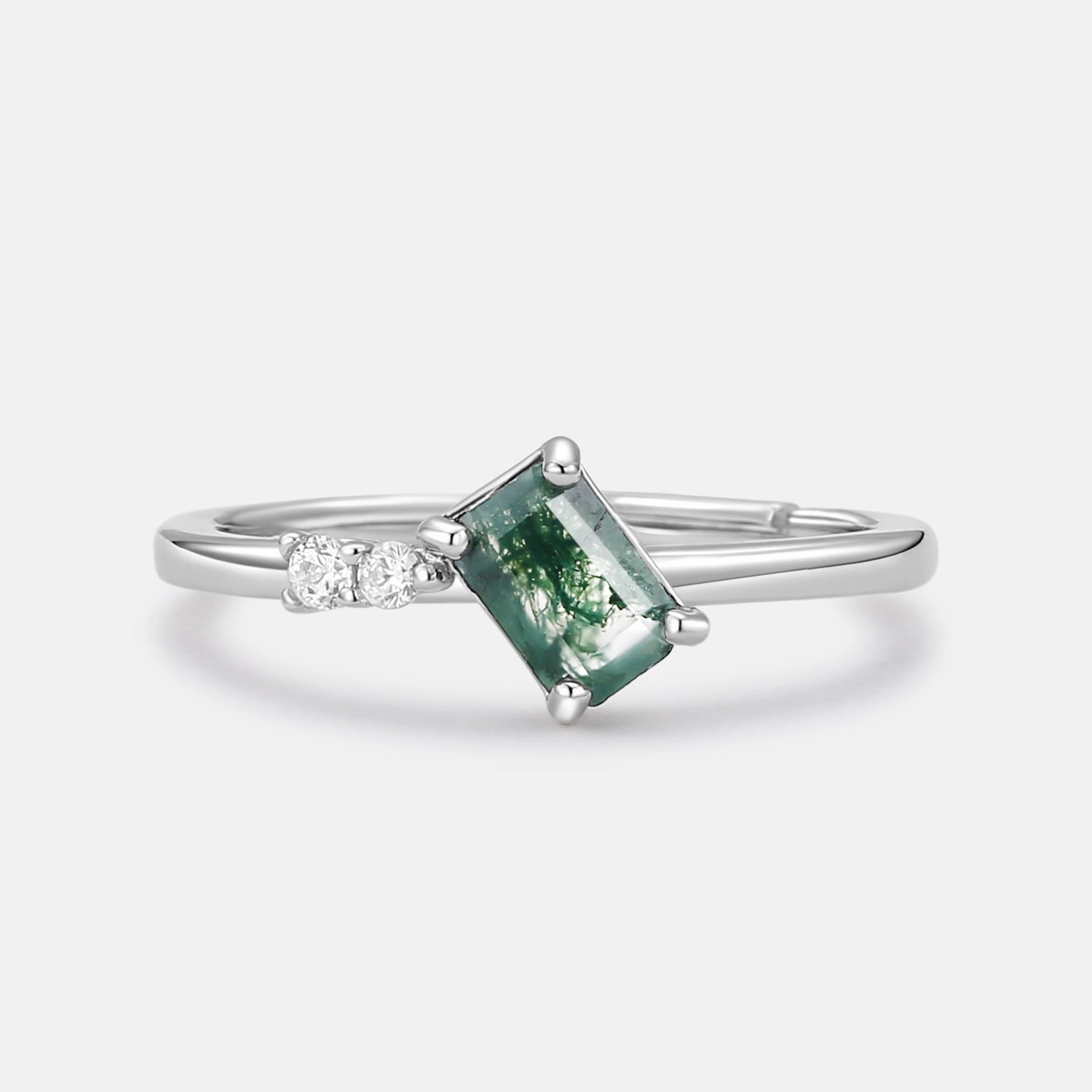 Sparkling Craftwork Emerald Cut Moss Agate & Moissanite Engagement Ring