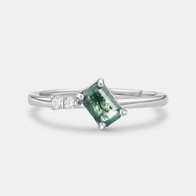 Clean Vibe Emerald Cut Moss Agate & Moissanite Engagement Ring