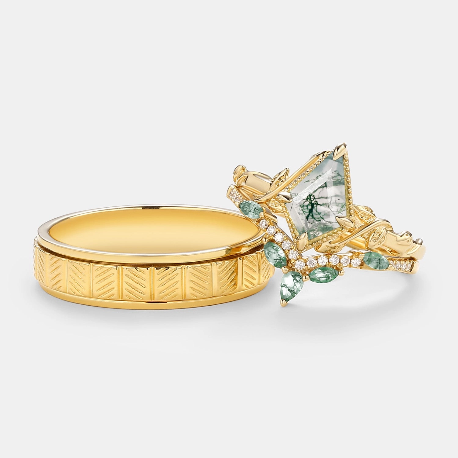 Nature Inspired - Unique Kite Cut Moss Agate Leafy Couple Ring Set 3pcs Dynamic Highlight everyday elegance
