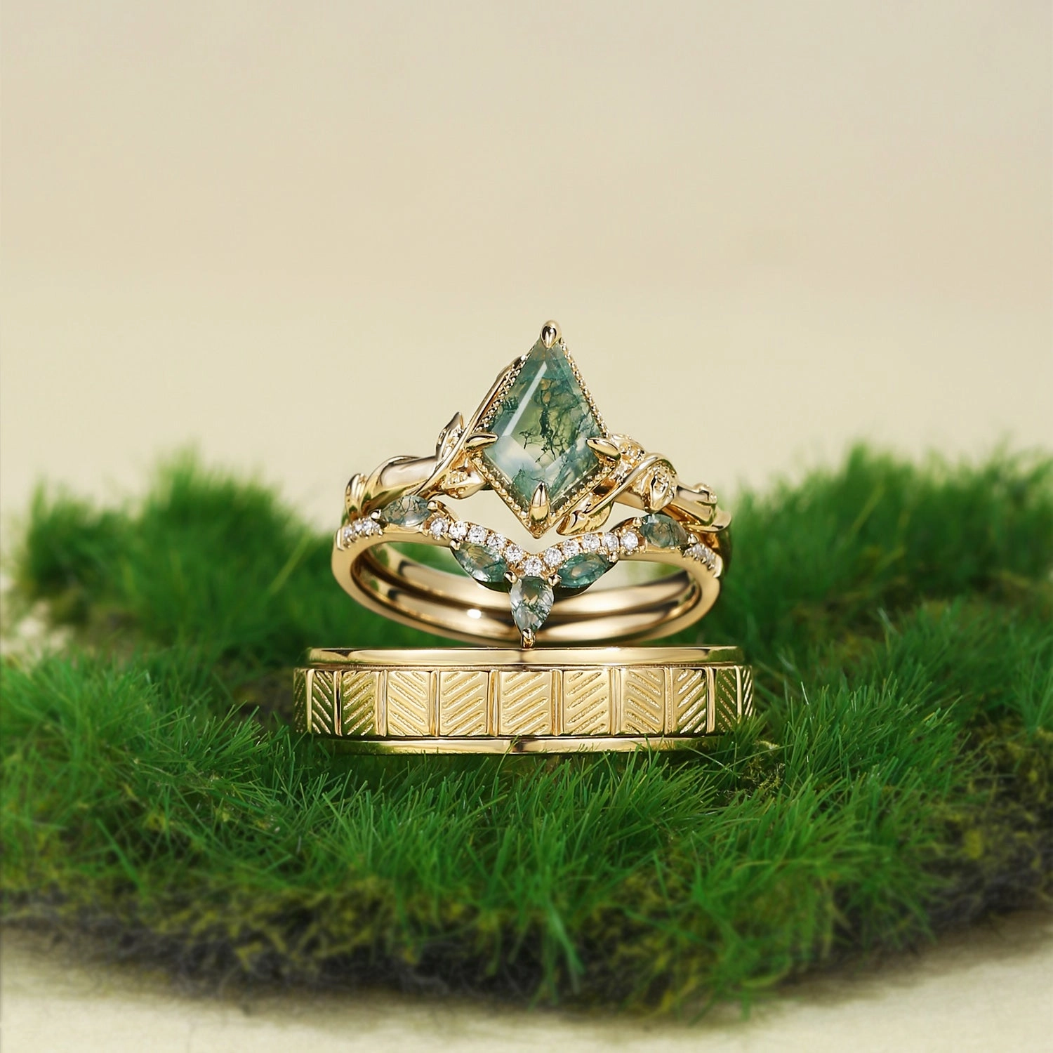 Nature Inspired - Unique Kite Cut Moss Agate Leafy Couple Ring Set 3pcs Corporate Gift