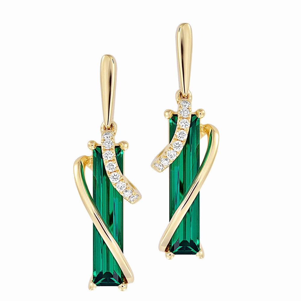 14K yellow gold earrings featuring 14x3mm baguette Chatham lab grown emeralds and Chatham lab grown diamond accents Shine Effect Gloss Appeal