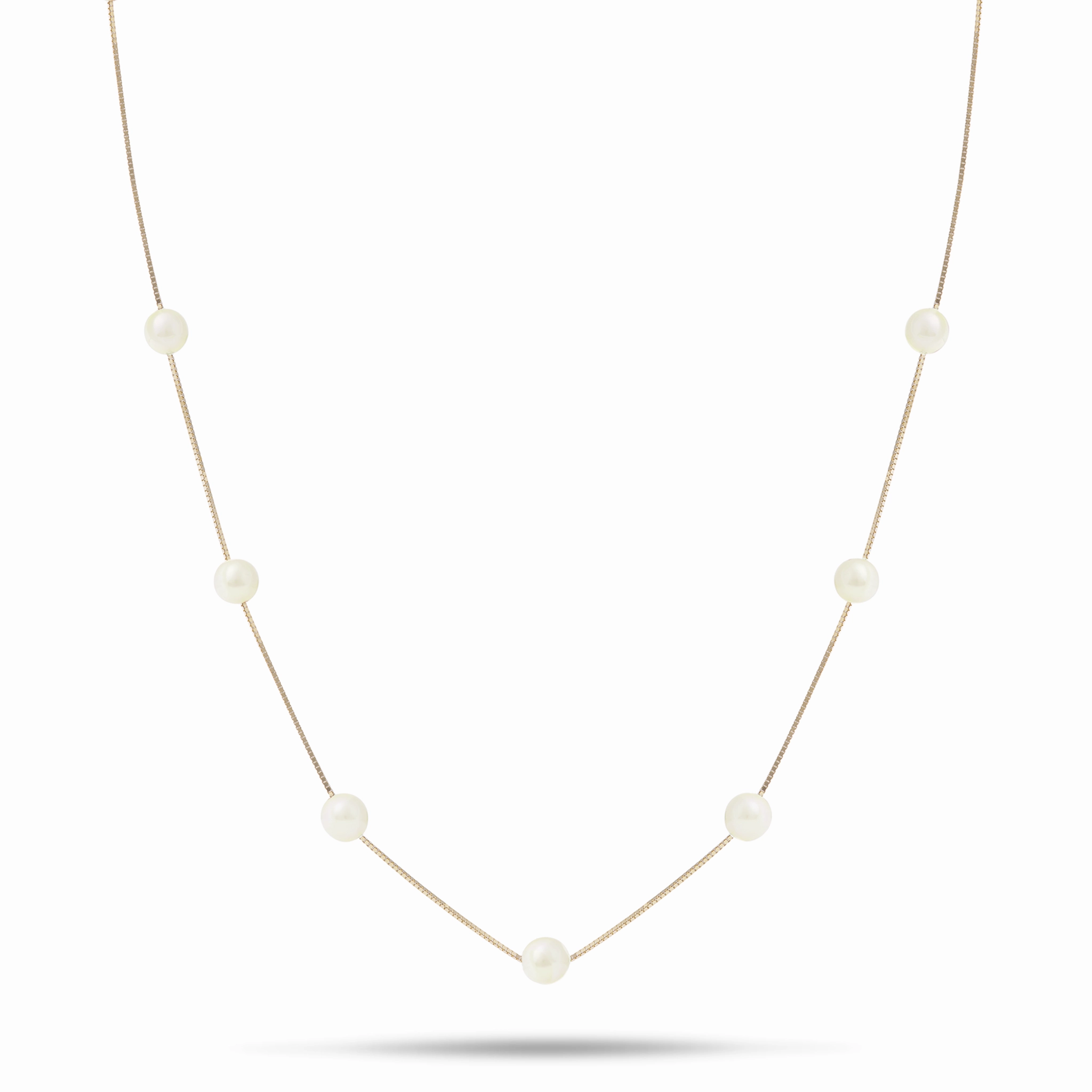 18" Freshwater White Pearl Necklace in Gold - 5-6mm Modern Finish