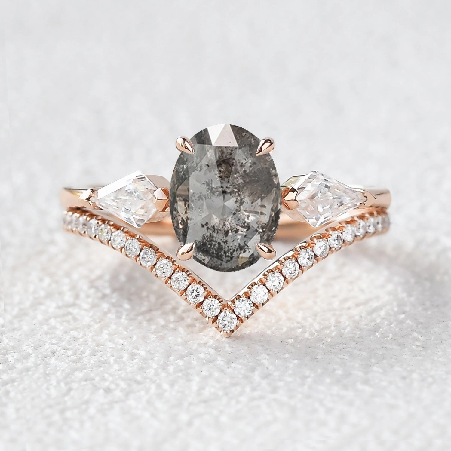 Oval Cut Salt and Pepper Diamonds Engagement Three Stone Ring Sets 2pcs Vibrant Shine