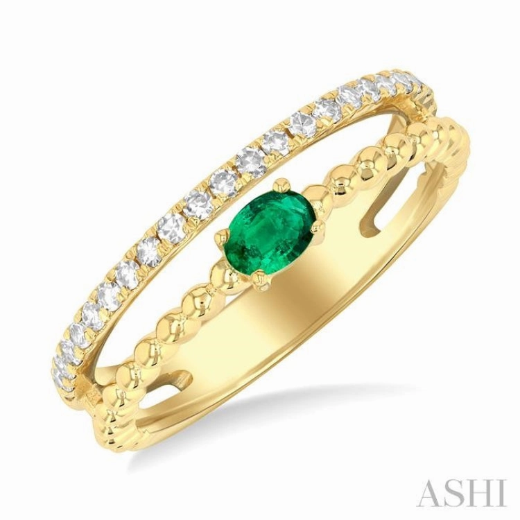 Contemporary Memento Artistic Product 4x3 MM Oval Shape Emerald and 1/5 Ctw Single Cut Diamond Precious Split Twin Ring in 10K Yellow Gold