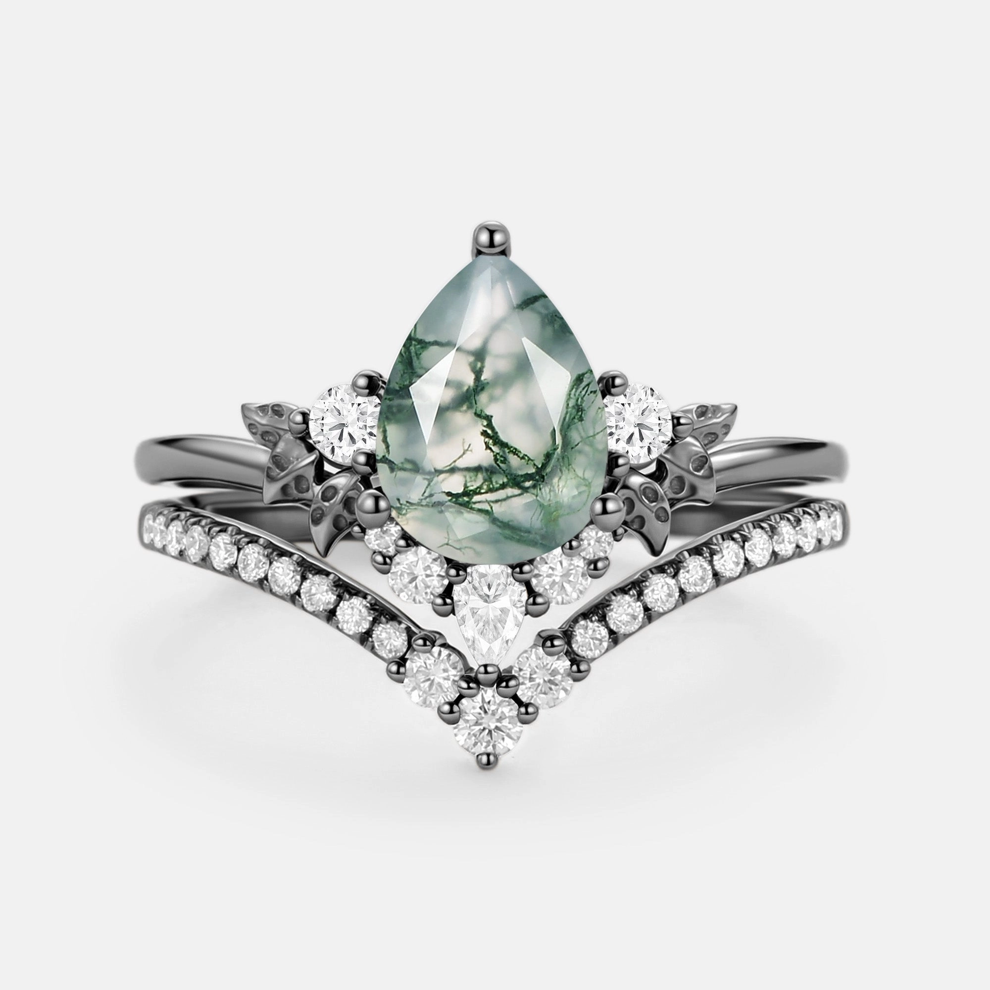 Pear Cut Moss Agate Leafy Ring Sets 2pcs - Mauve Glam Night Quiet Shine