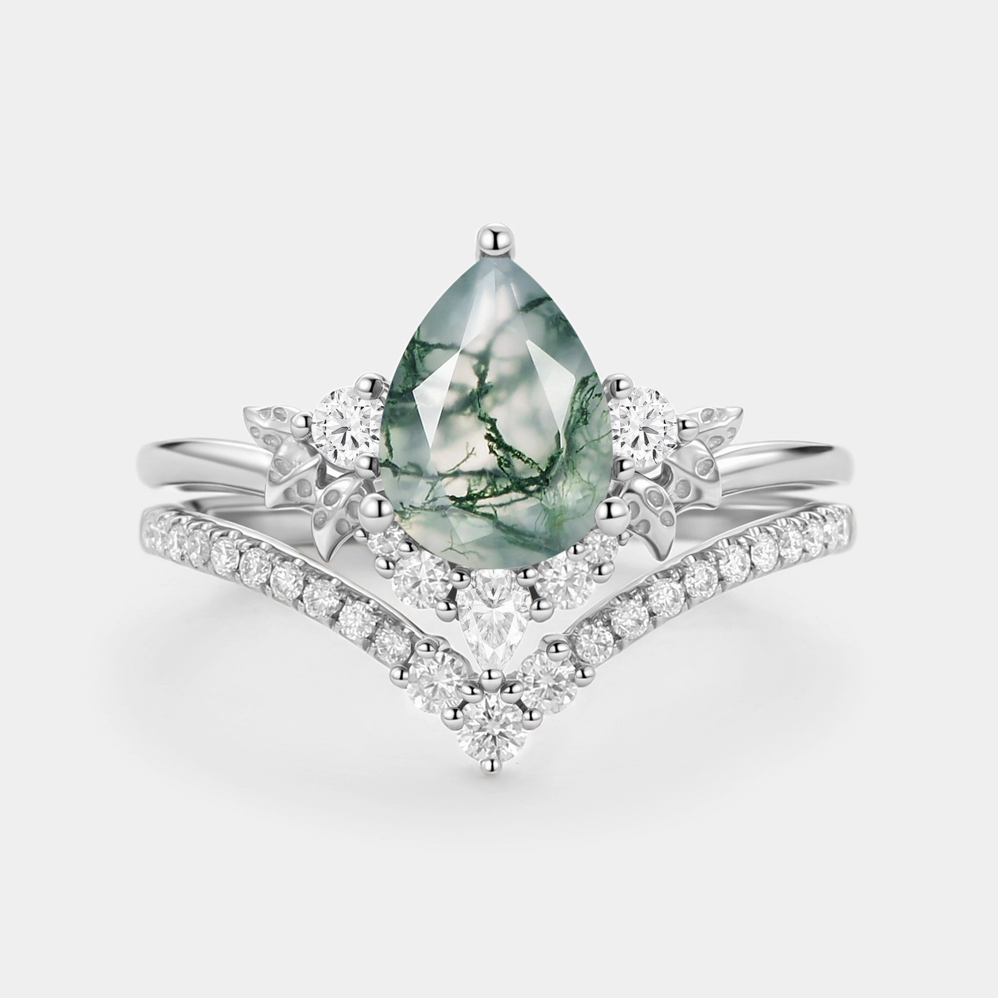 Affordable Embellishment Pear Cut Moss Agate Leafy Ring Sets 2pcs - Mauve