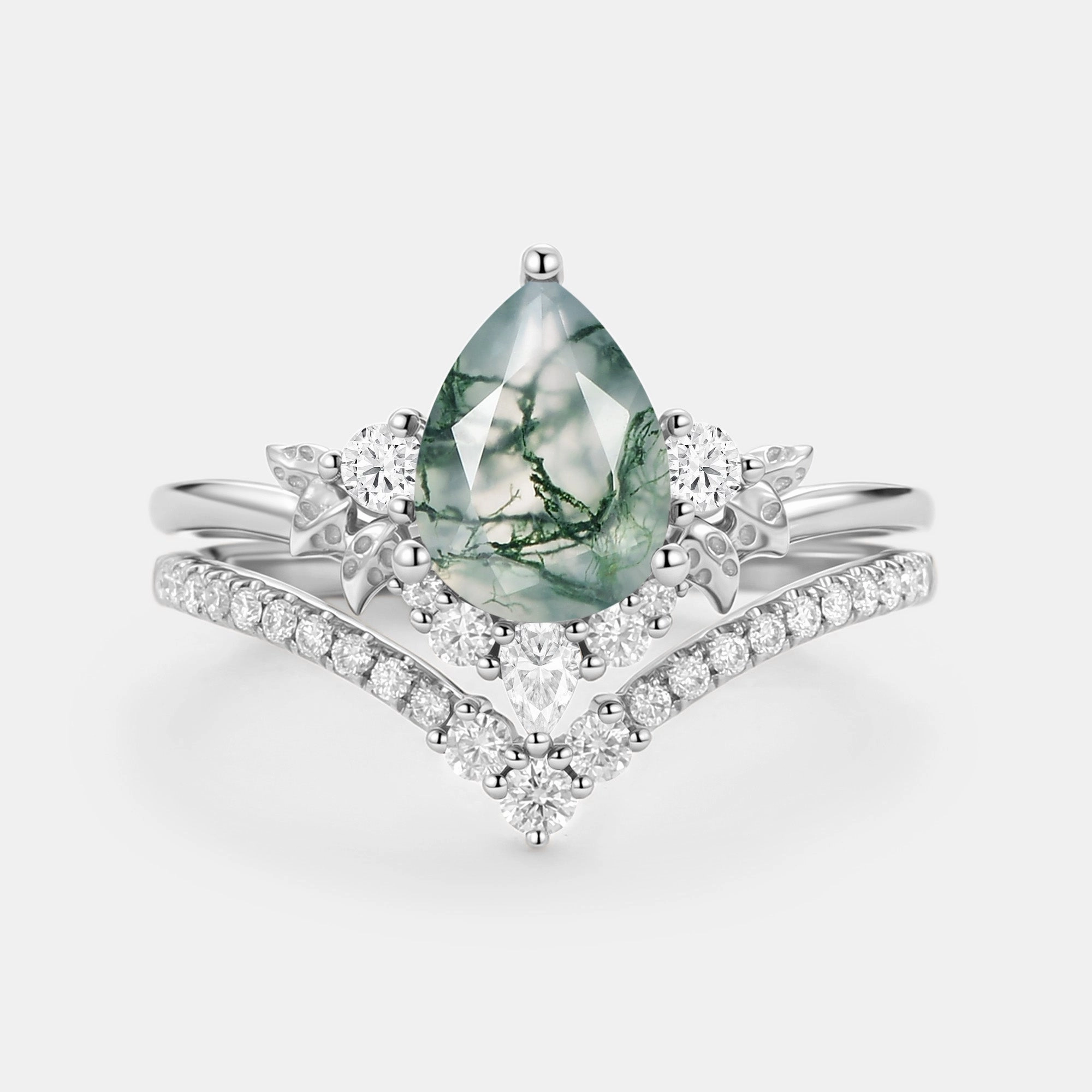 Pure Accent Timeless Shine Craftwork Pear Cut Moss Agate Leafy Ring Sets 2pcs - Mauve