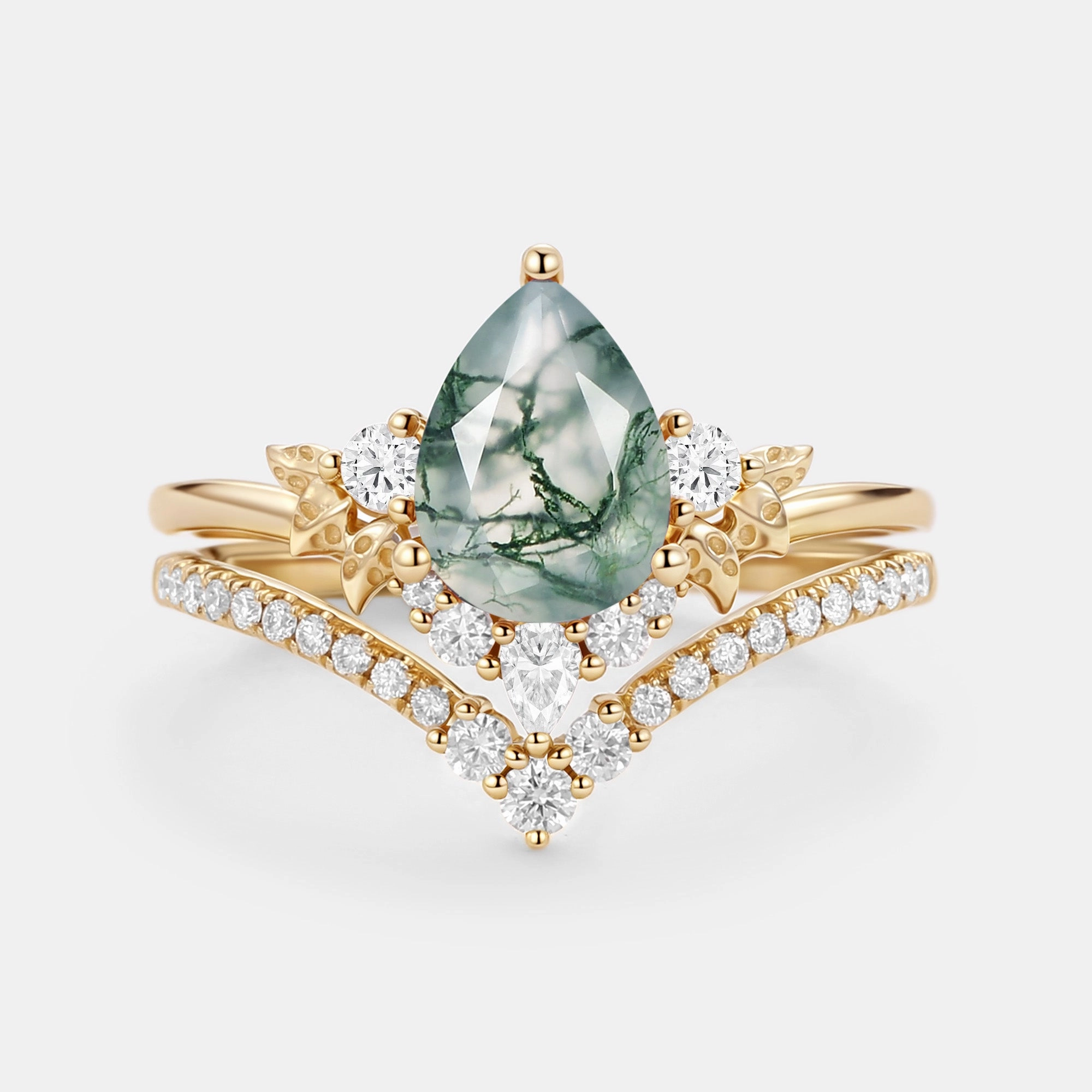 Pear Cut Moss Agate Leafy Ring Sets 2pcs - Mauve Refined Finish