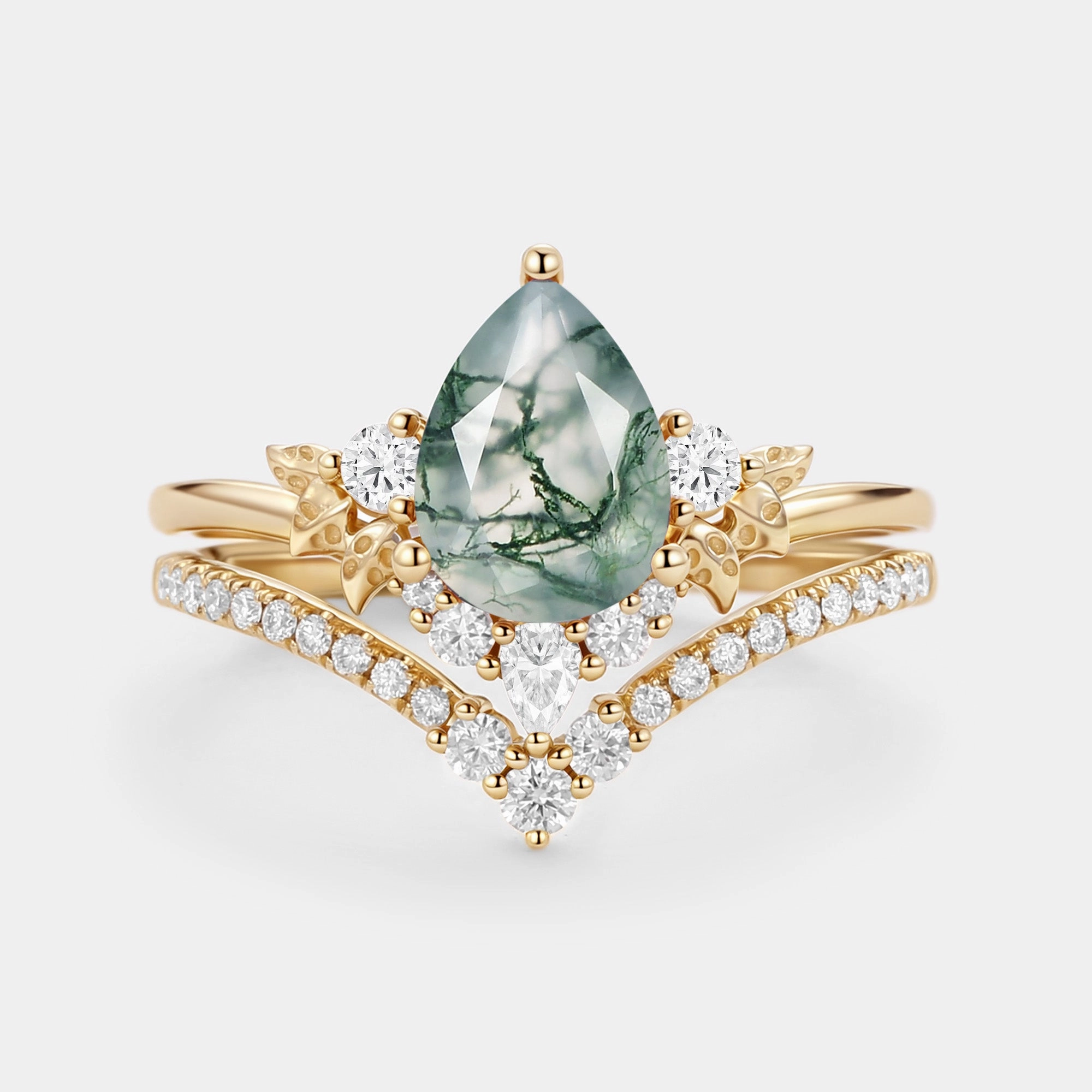 Pear Cut Moss Agate Leafy Ring Sets 2pcs - Mauve HighEnd Art