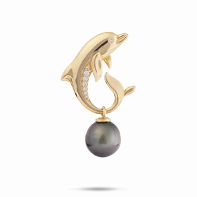 Daily Radiance Ocean Dance Dolphin Tahitian Black Pearl Pendant in Gold with Diamonds - 9-10mm