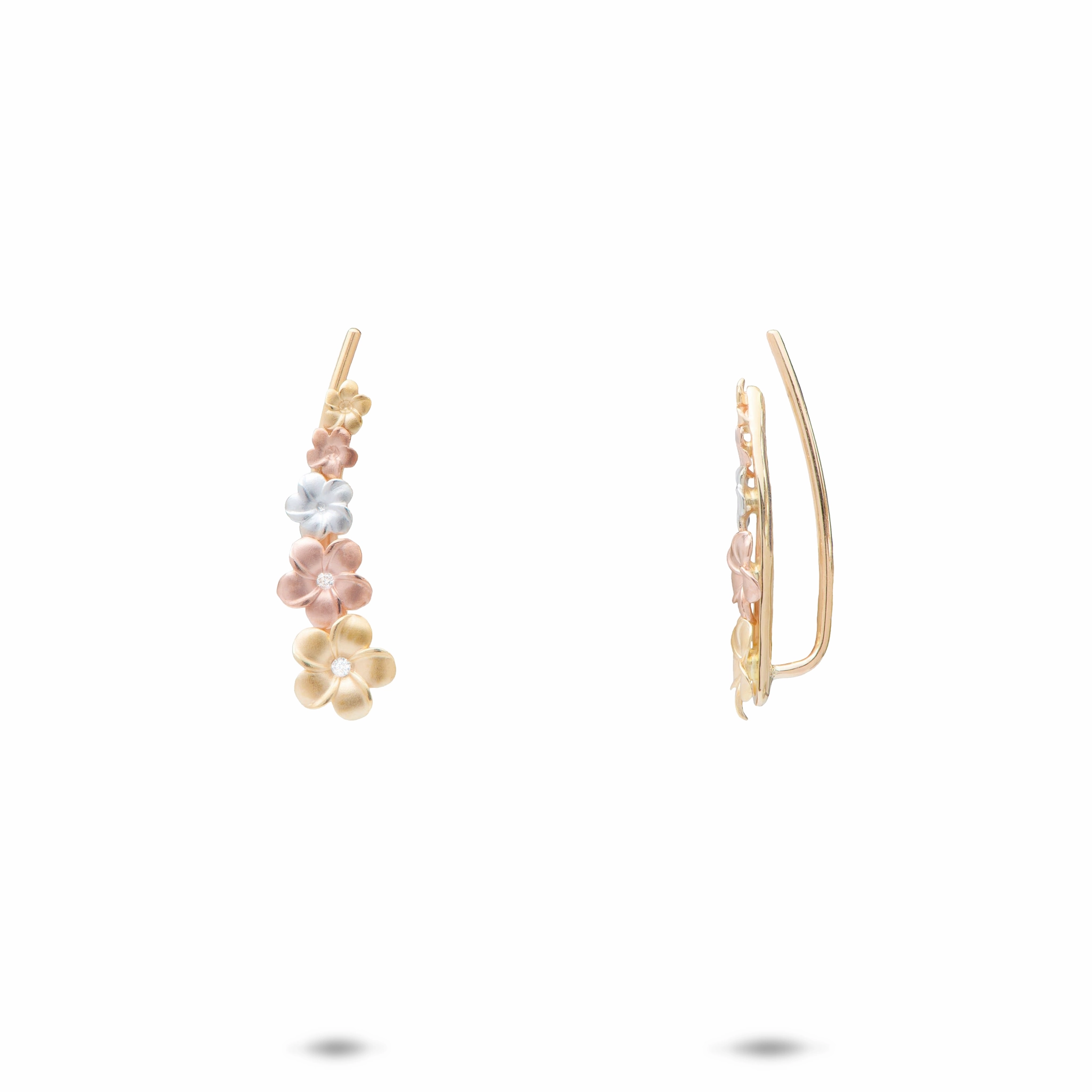 Glossy Touch Bright Look Plumeria Climber Earrings in Tri Color Gold with Diamonds - 19mm