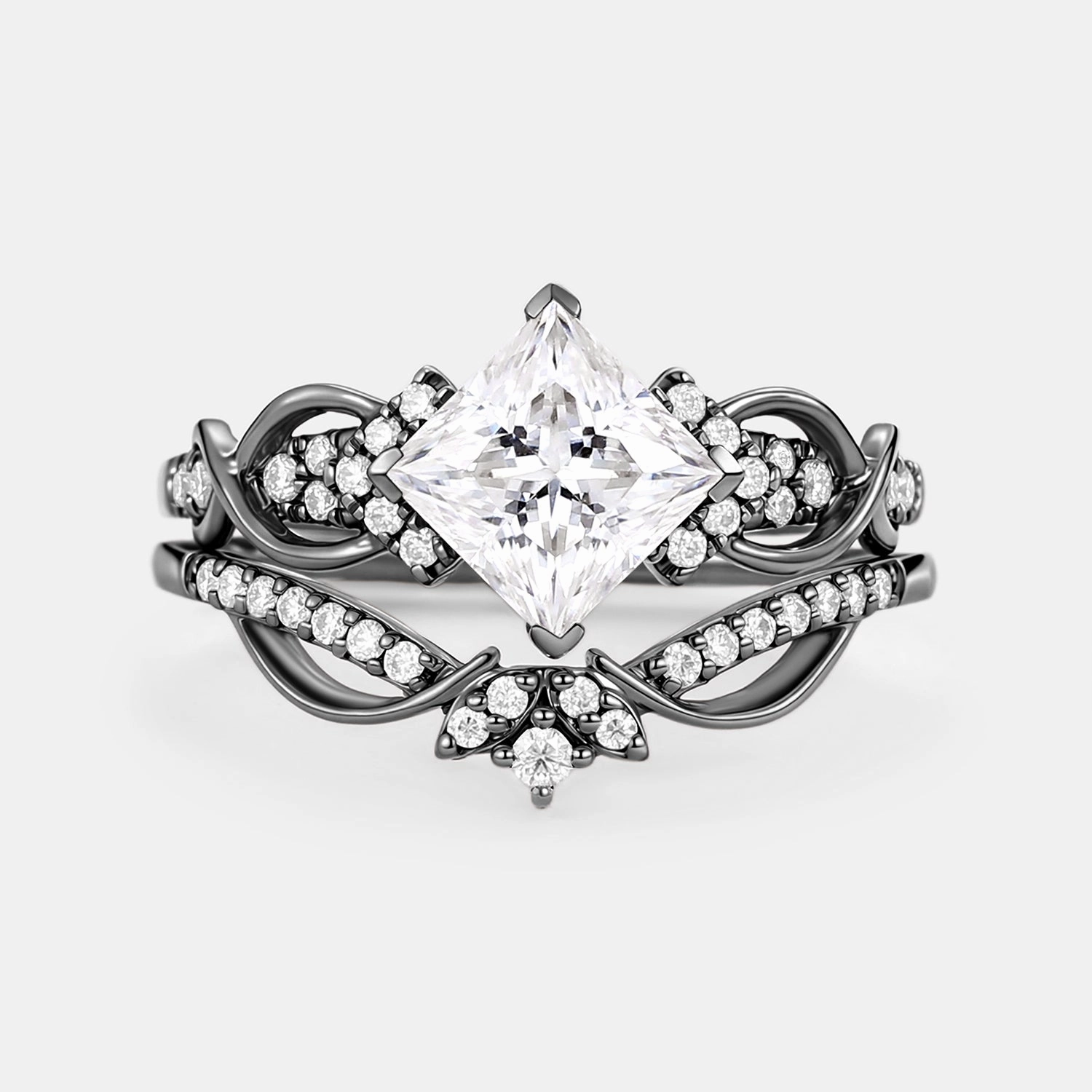 Princess Cut Moissanite Twist Engagement Ring Set 2pcs Event Glow Fine Detail