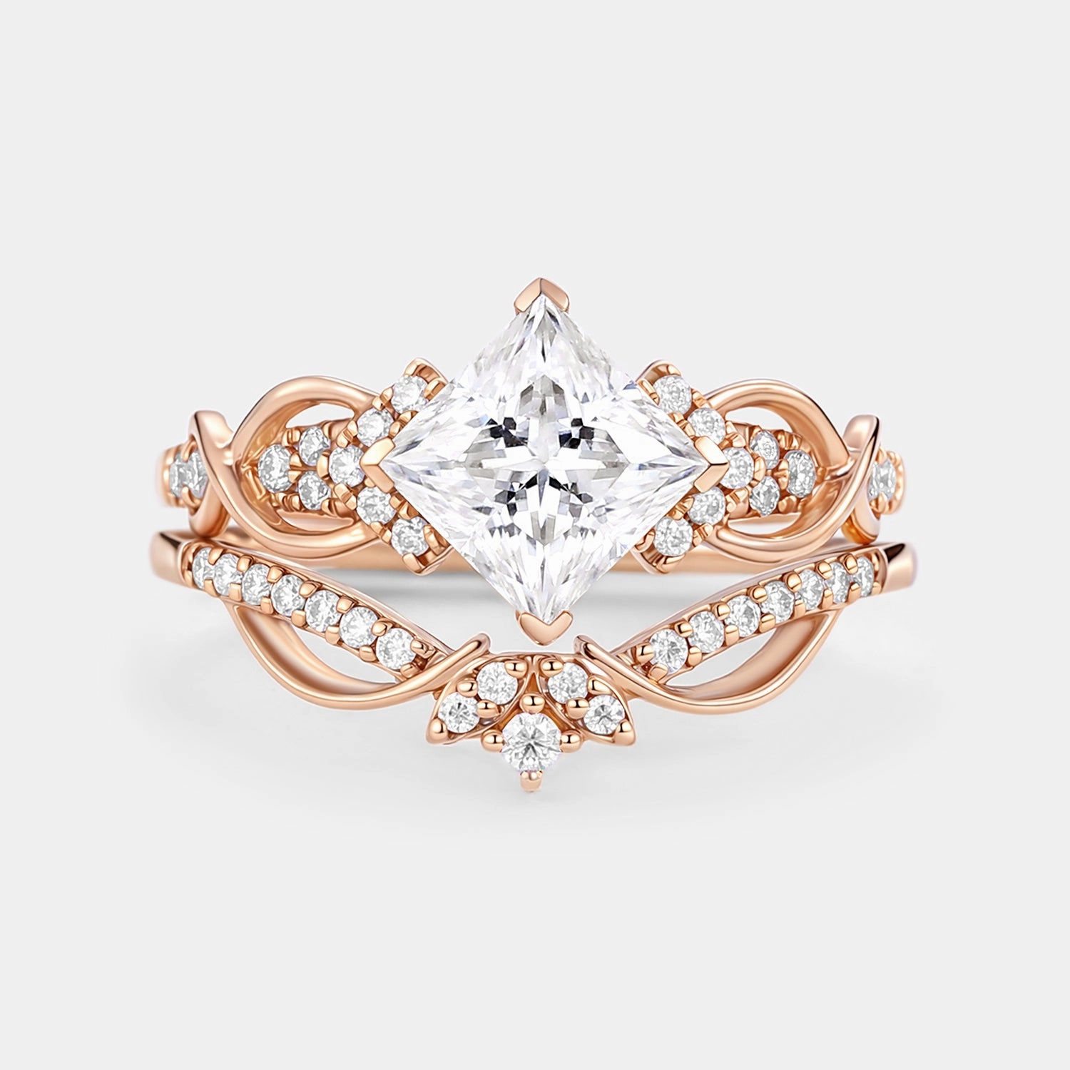 Princess Cut Moissanite Twist Engagement Ring Set 2pcs Modern Accent Brilliant Product