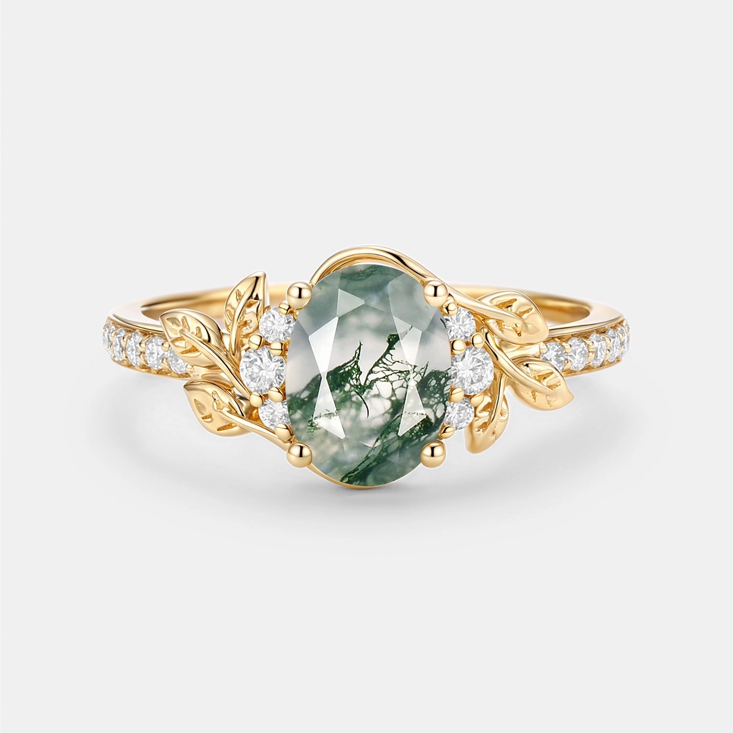 Chic Appearance Glam Party Oval Moss Agate Classic Engagement Ring - Gilt