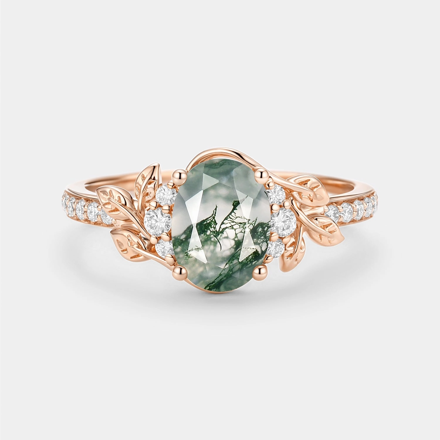 Radiant Finish Pieces Distinctive Finish Oval Moss Agate Classic Engagement Ring - Gilt