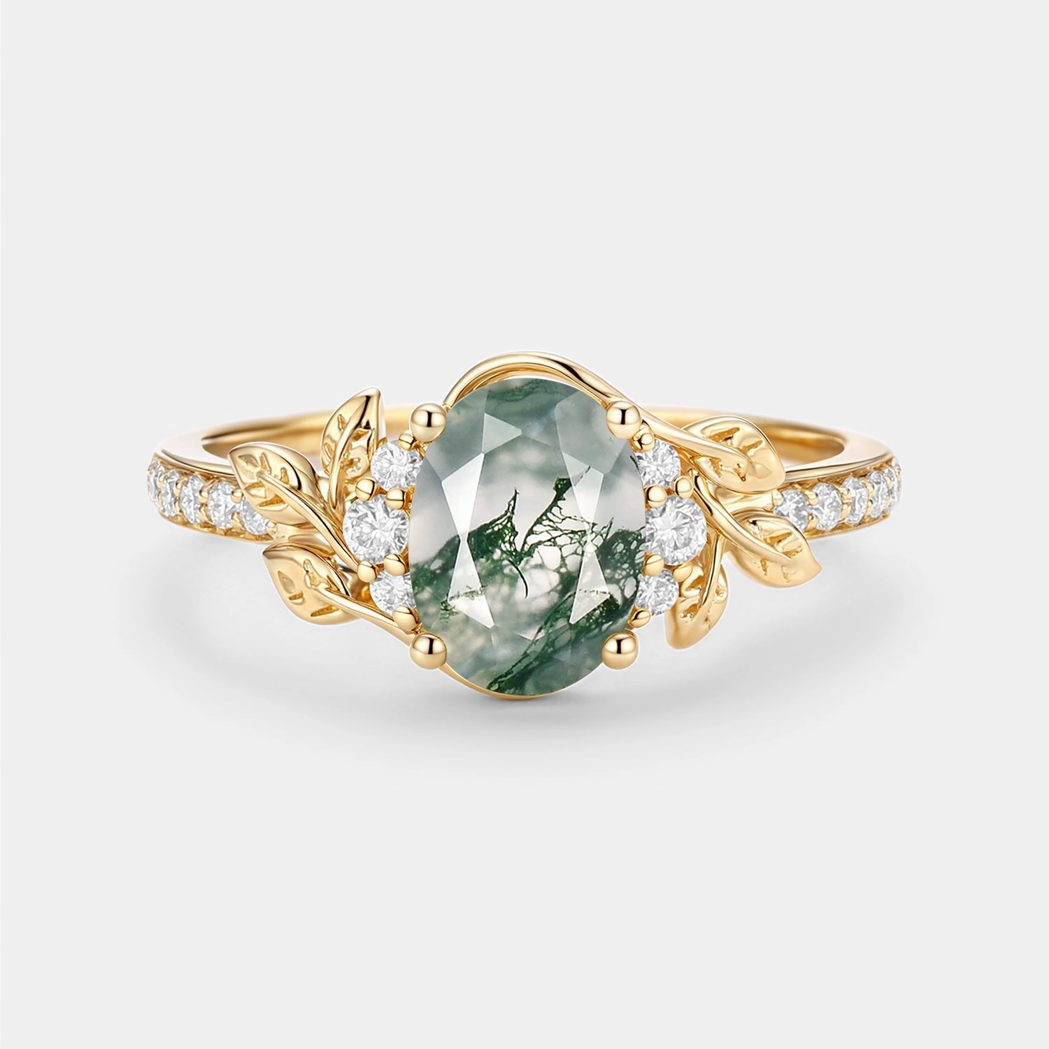 Oval Moss Agate Classic Engagement Ring - Gilt Couple Jewelry Unique Jewelry