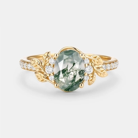 Oval Moss Agate Classic Engagement Ring - Gilt Style Match