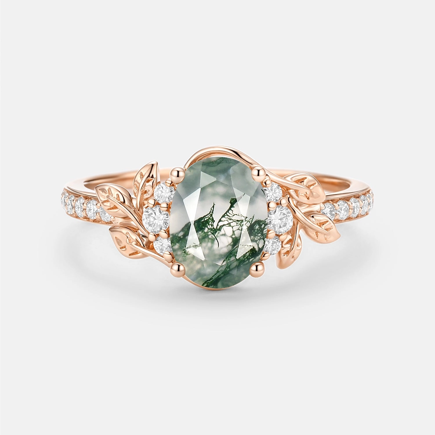 Oval Moss Agate Classic Engagement Ring - Gilt Minimalist Look Lasting Memory