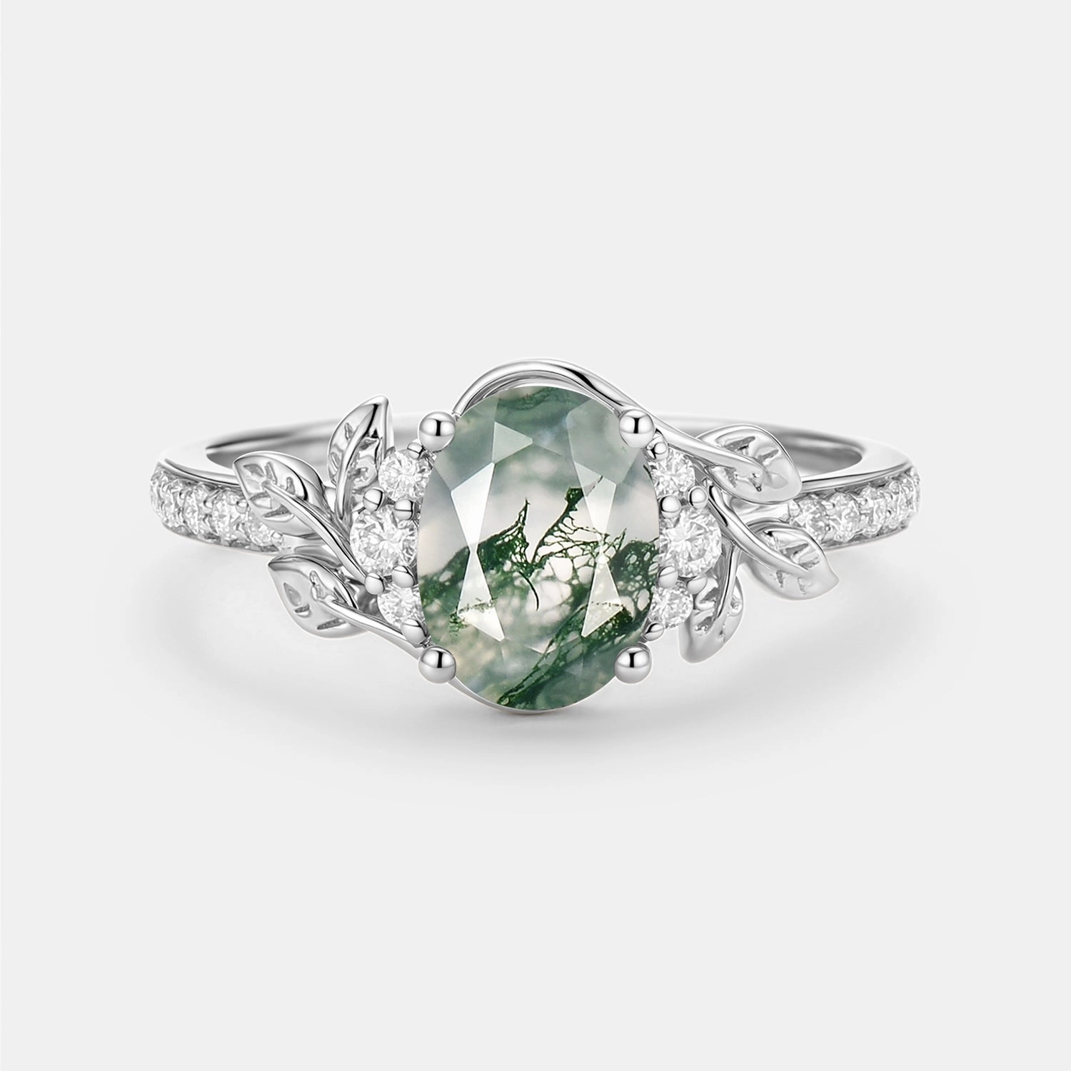 Light Feel Sturdy Construction Oval Moss Agate Classic Engagement Ring - Gilt