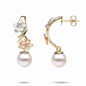 Pearls in Bloom Plumeria Akoya White Pearl Earrings in Tri Color Gold with Diamonds - 23mm Refined Pieces