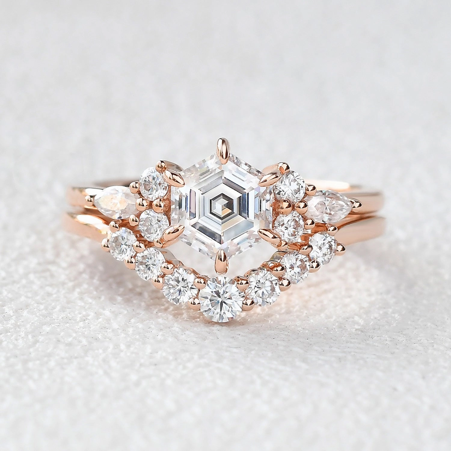 Sweet Memory 1.0ct Hexagon Moss Agate Cluster Engagement Ring Set 2pcs