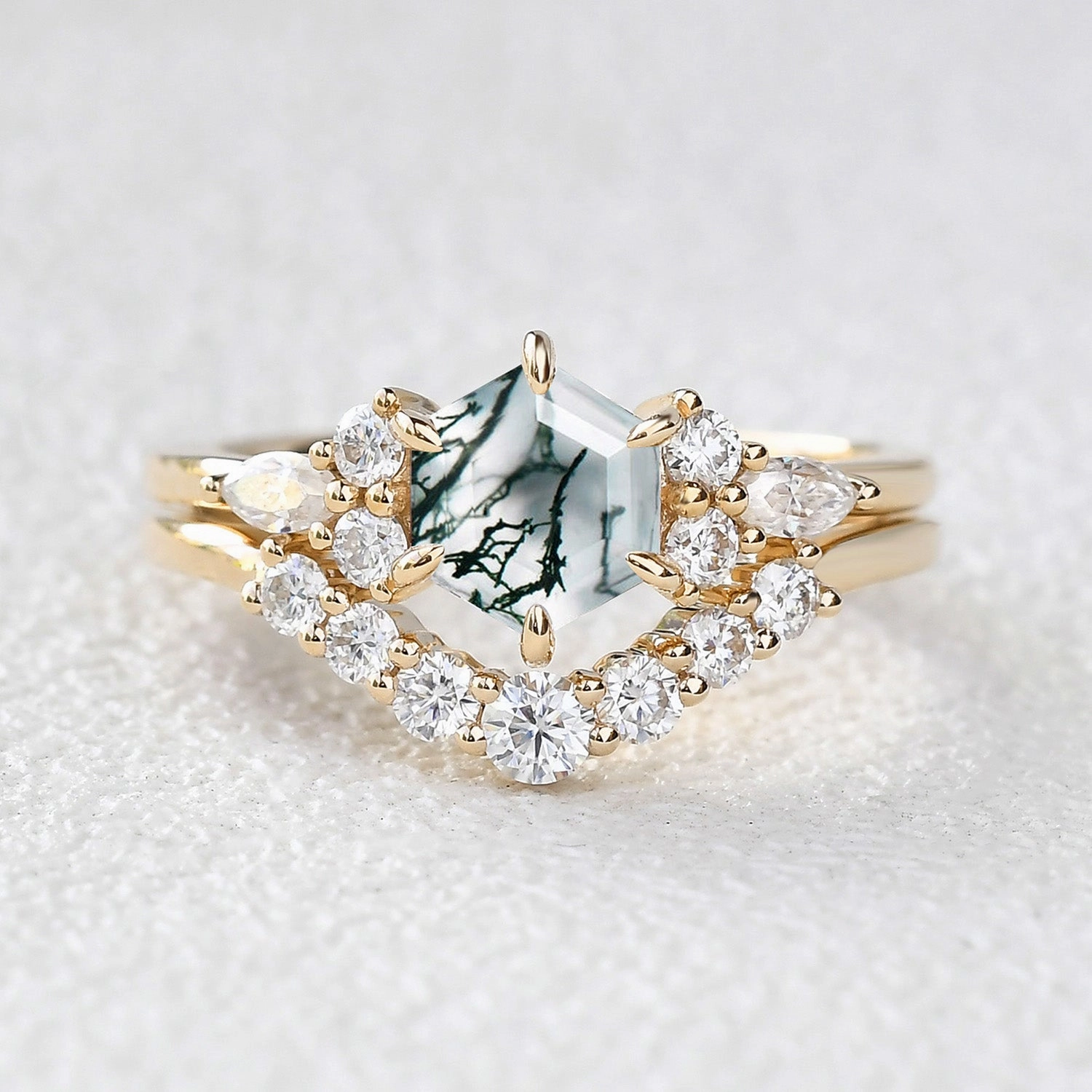 Stylish Appeal Unique Shape 1.0ct Hexagon Moss Agate Cluster Engagement Ring Set 2pcs