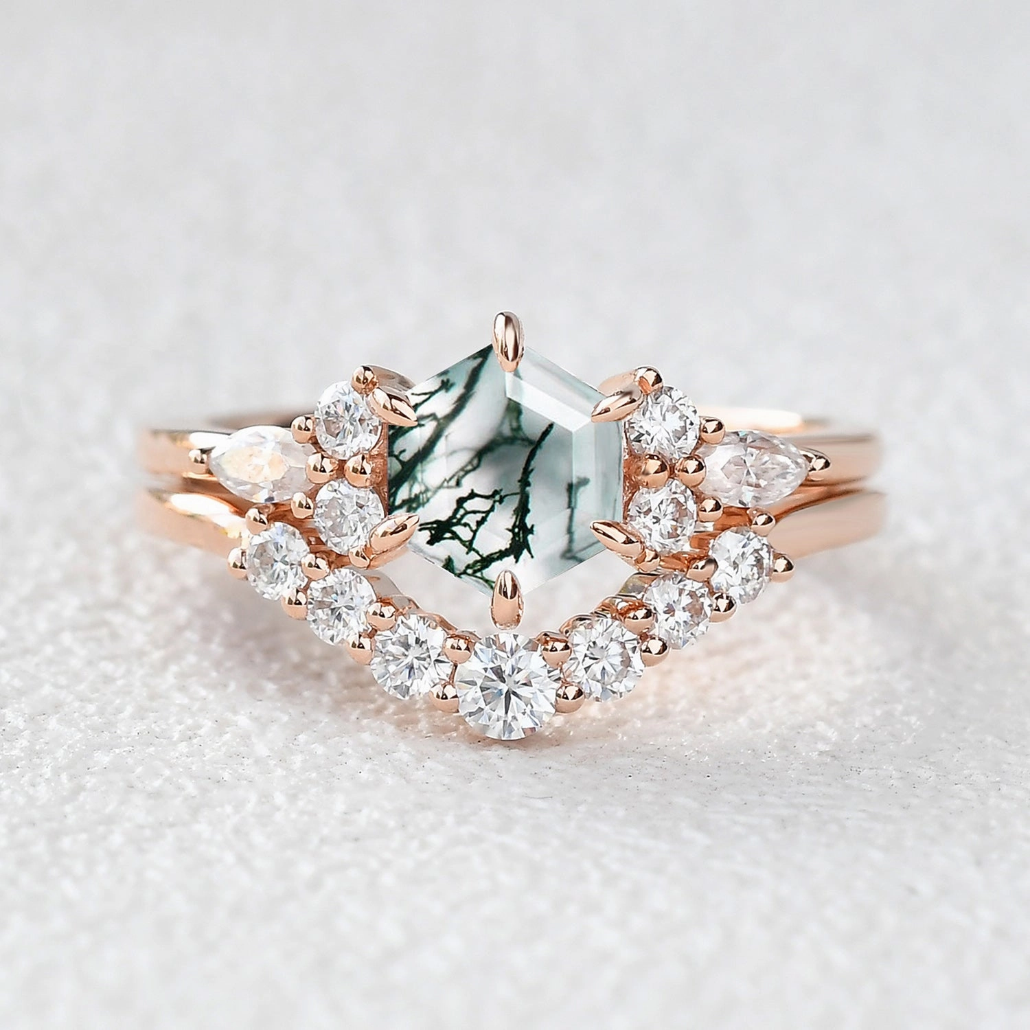 Custom Emblem Boho Jewelry 1.0ct Hexagon Moss Agate Cluster Engagement Ring Set 2pcs