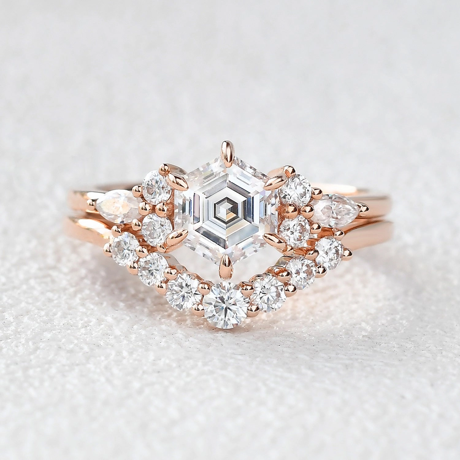 Ocean Look Versatile Piece 1.0ct Hexagon Moss Agate Cluster Engagement Ring Set 2pcs