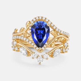Pear Cut Lab Sapphire Leaf Engagement Ring Set 2pcs - Saphyr Heirloom Feel Dazzling Finish