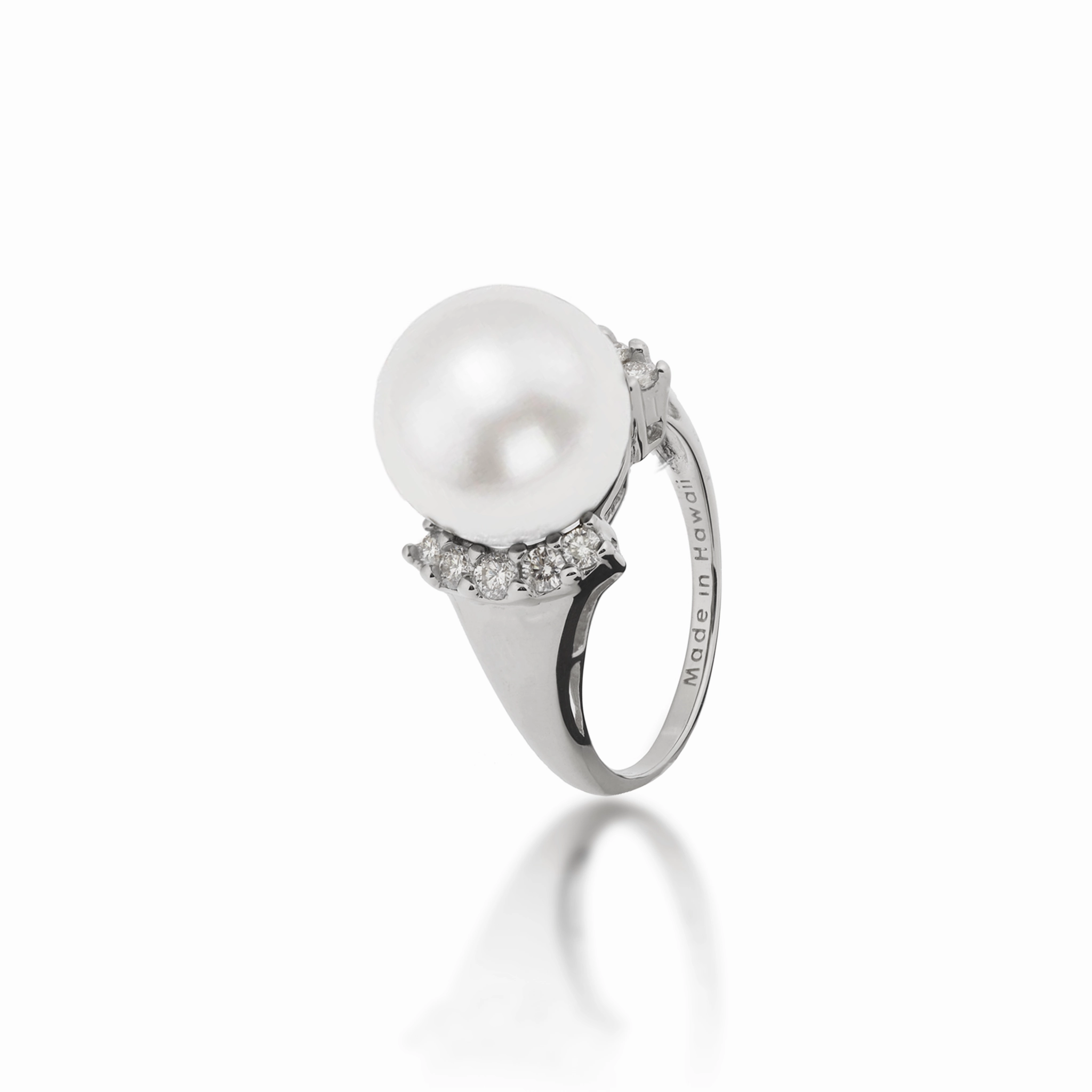 South Sea White Pearl Ring in White Gold with Diamonds - 12-13mm Handmade Craft