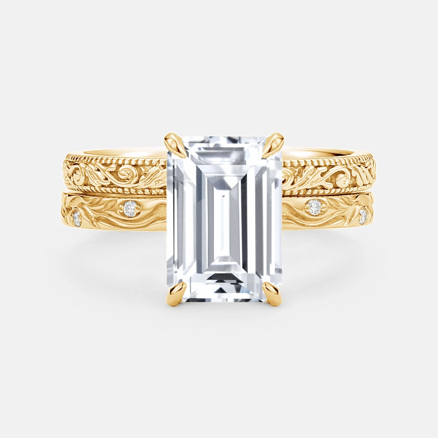 Everyday Favorite Emerald Cut Engraved Lab Grown Diamond Vintage Ring Set 2pcs - Prism