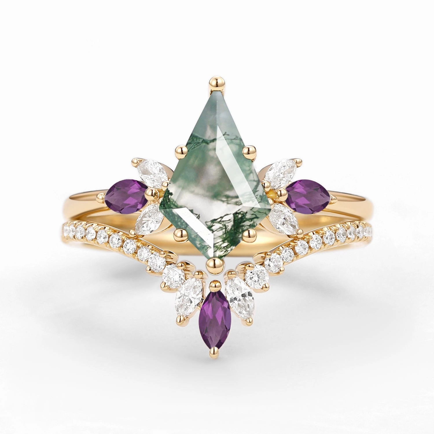 Butterfly Fairy - Moss Agate & Amethyst Engagement Ring Set 2pcs Artisan Jewelry