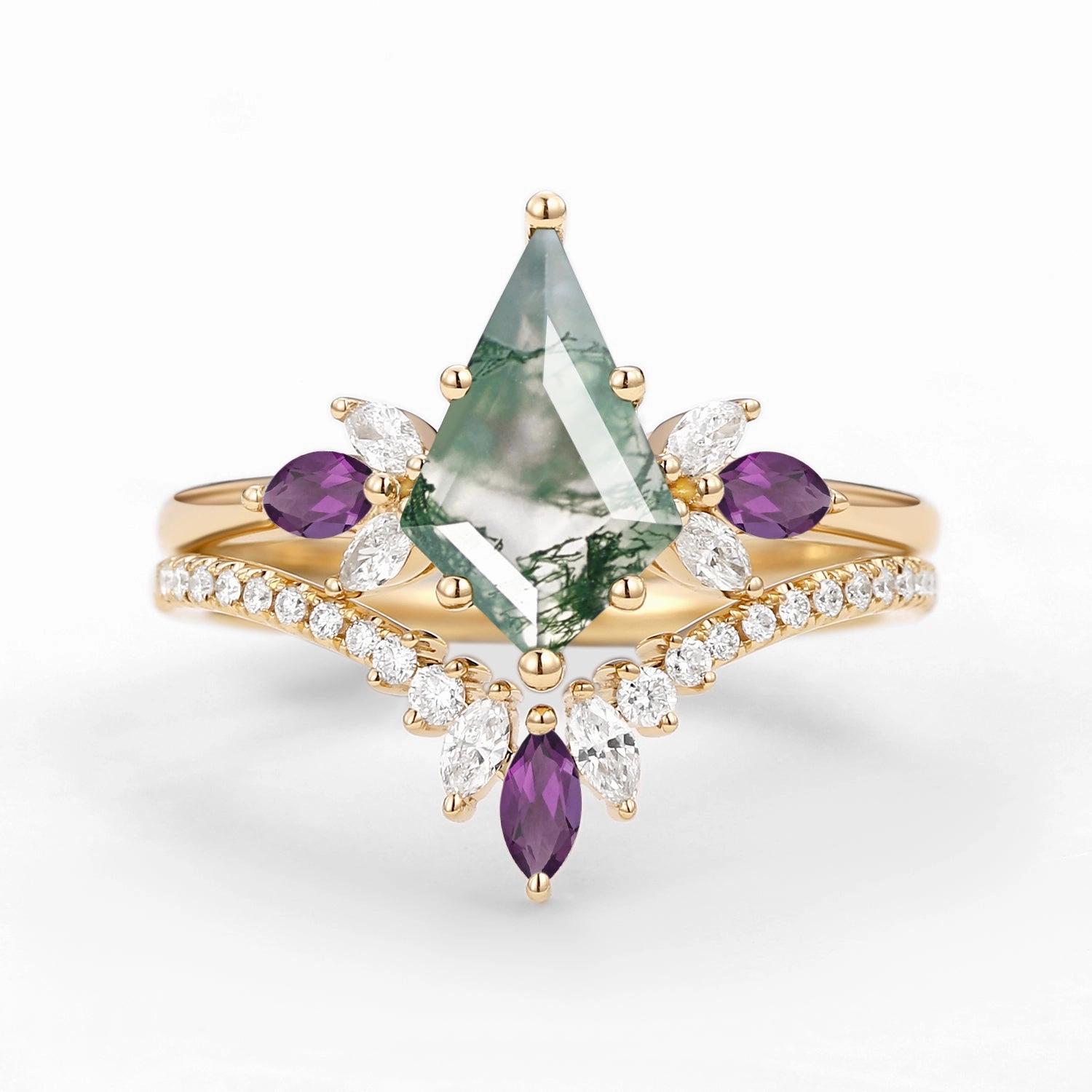 Vibrant Form Butterfly Fairy - Moss Agate & Amethyst Engagement Ring Set 2pcs