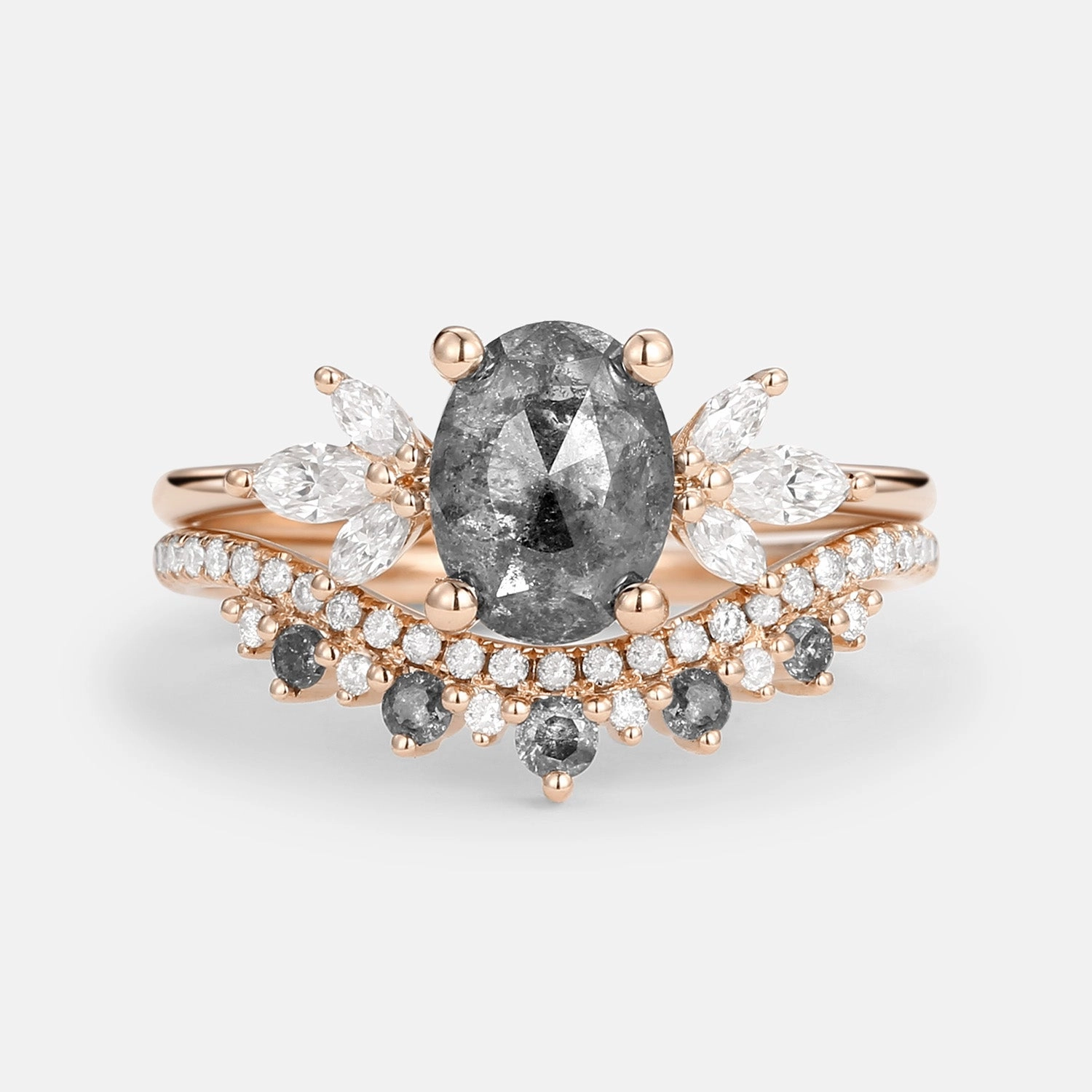 Butterfly Fairy Oval Cut Salt and Pepper Diamonds Engagement Ring Sets 2pcs Stylish Present Weatherproof Layer