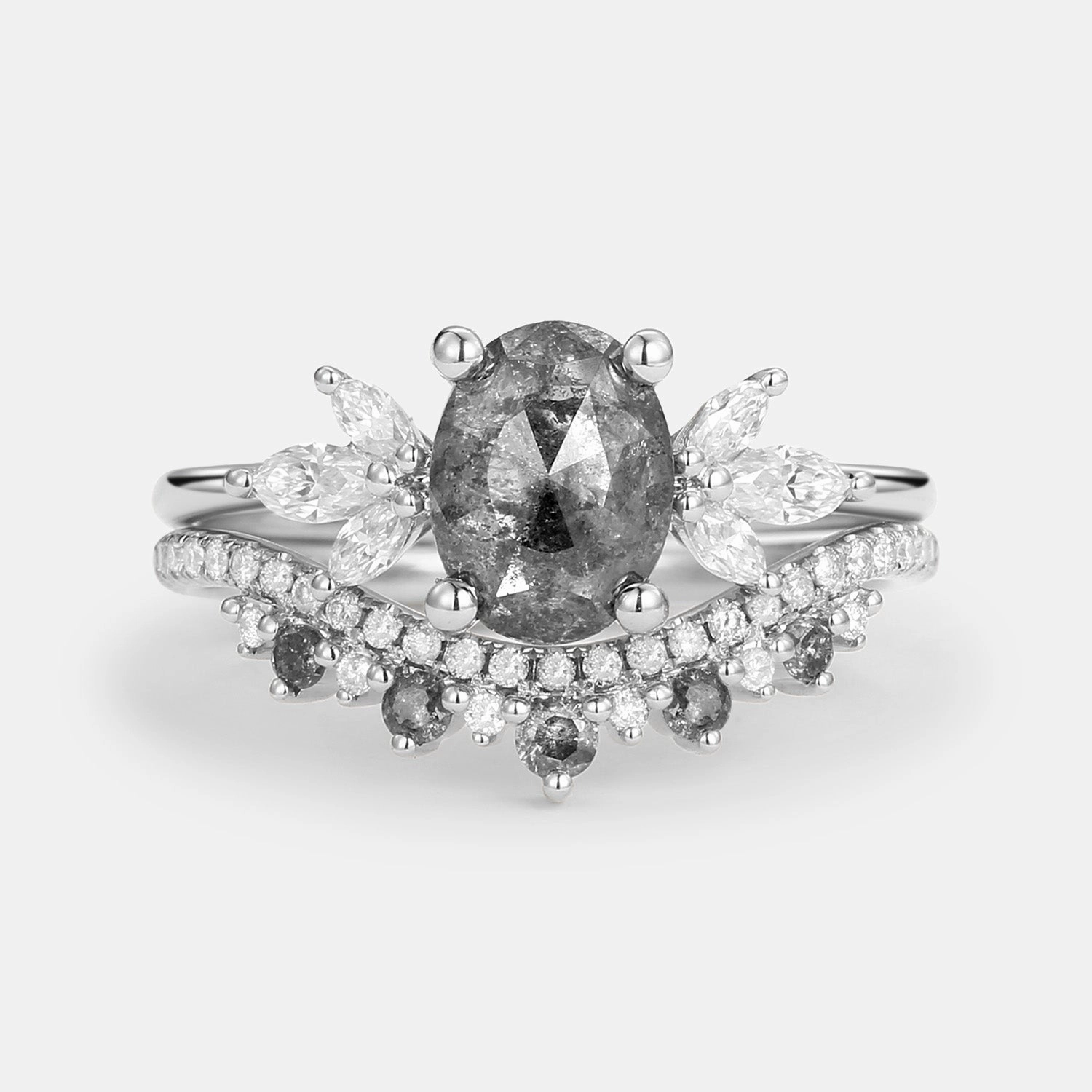 Butterfly Fairy Oval Cut Salt and Pepper Diamonds Engagement Ring Sets 2pcs Exclusive Article