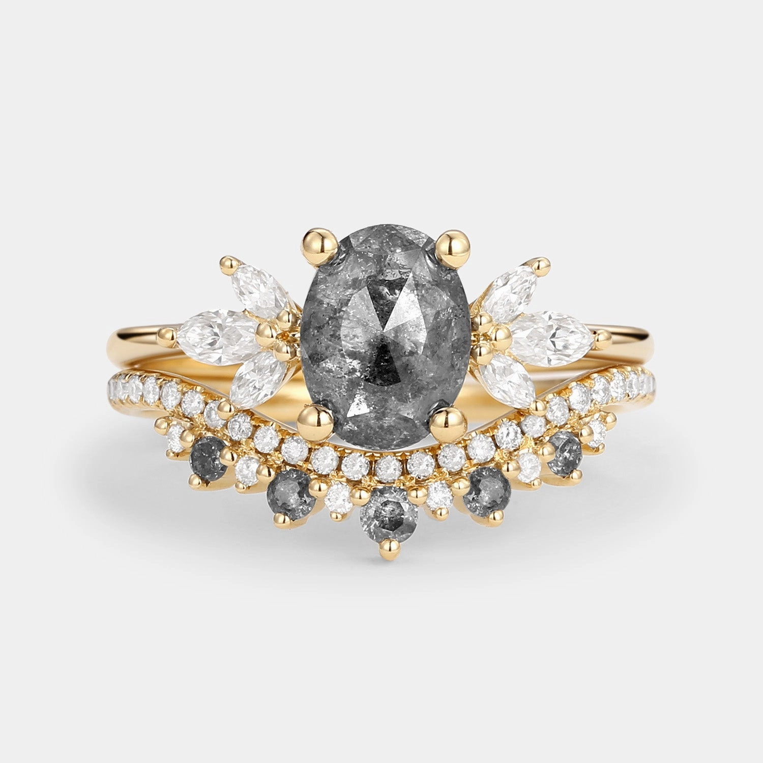 Butterfly Fairy Oval Cut Salt and Pepper Diamonds Engagement Ring Sets 2pcs Smart Present