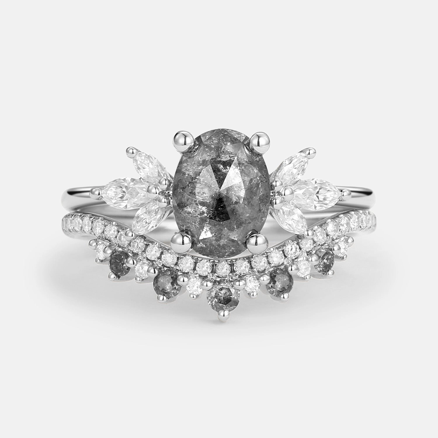 feminine grace Everyday Edge Butterfly Fairy Oval Cut Salt and Pepper Diamonds Engagement Ring Sets 2pcs