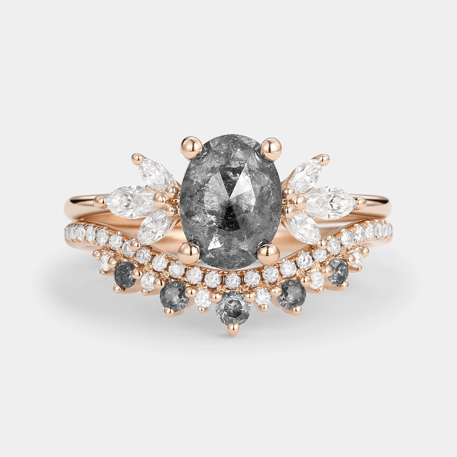 Romantic Feel Accent Style Butterfly Fairy Oval Cut Salt and Pepper Diamonds Engagement Ring Sets 2pcs